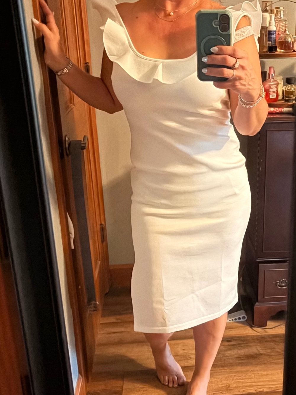 VENUS White Ruffle-Trim Pencil Skirt Dress